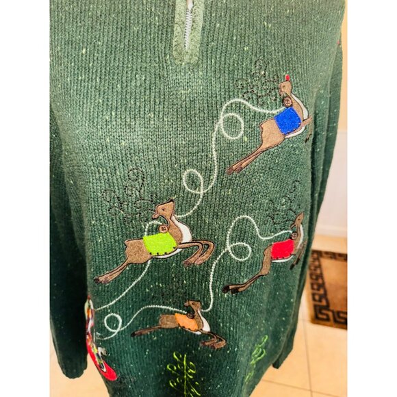 Christopher & Banks Wool Reindeer Zip Christmas Holiday Ugly Sweater XL Green - Picture 7 of 12